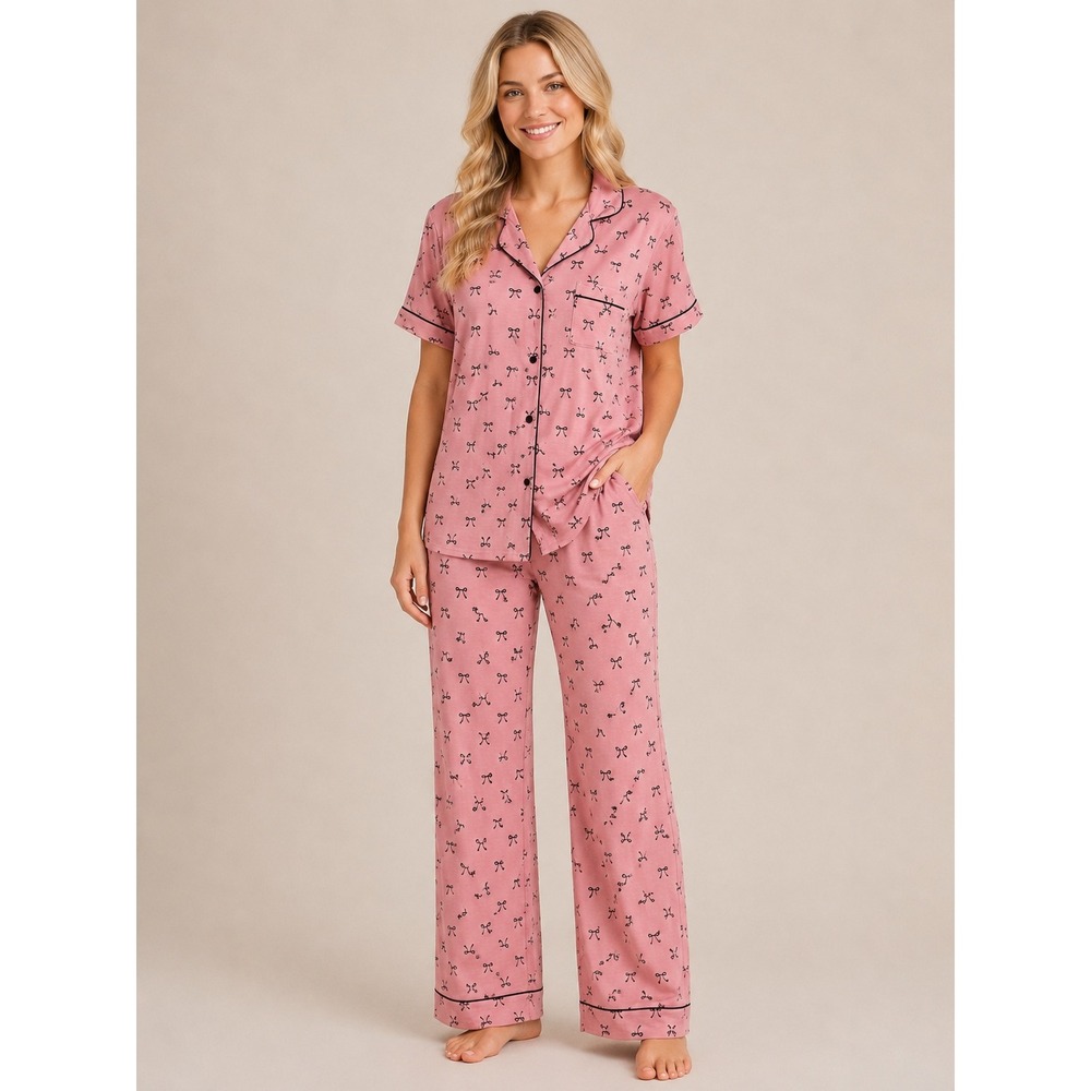 Rachel Zoe Pink Bow Print Pajama Set L Bamboo Button Front Lounge PJs